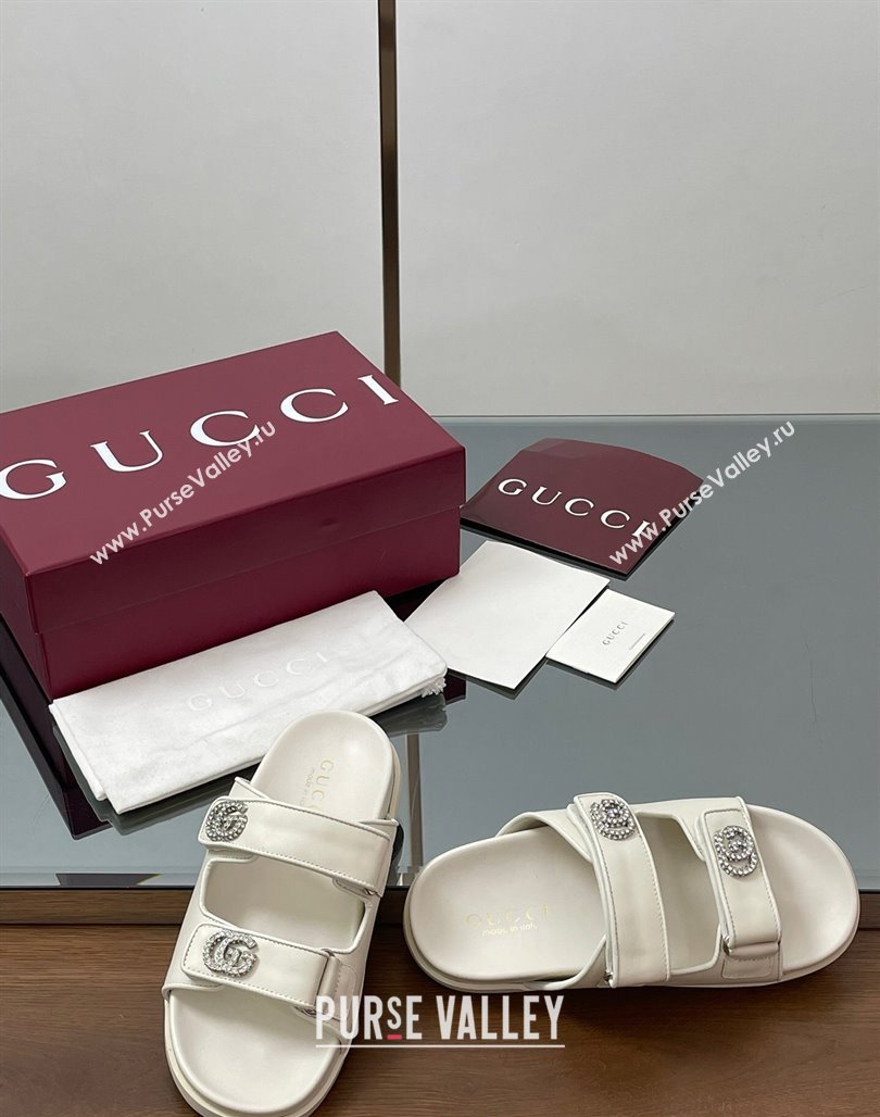 Gucci Leather Flat Slides Sandal with Strass Double G White 2025 ‎816633 (MD-250423067)