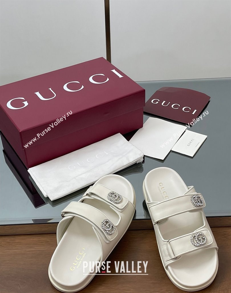 Gucci Leather Flat Slides Sandal with Strass Double G White 2025 ‎816633 (MD-250423067)