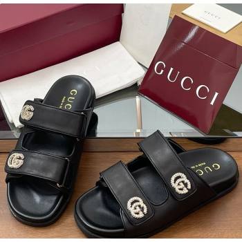 Gucci Leather Flat Slides Sandal with Strass Double G Black 2025 ‎816633 (MD-250423068)