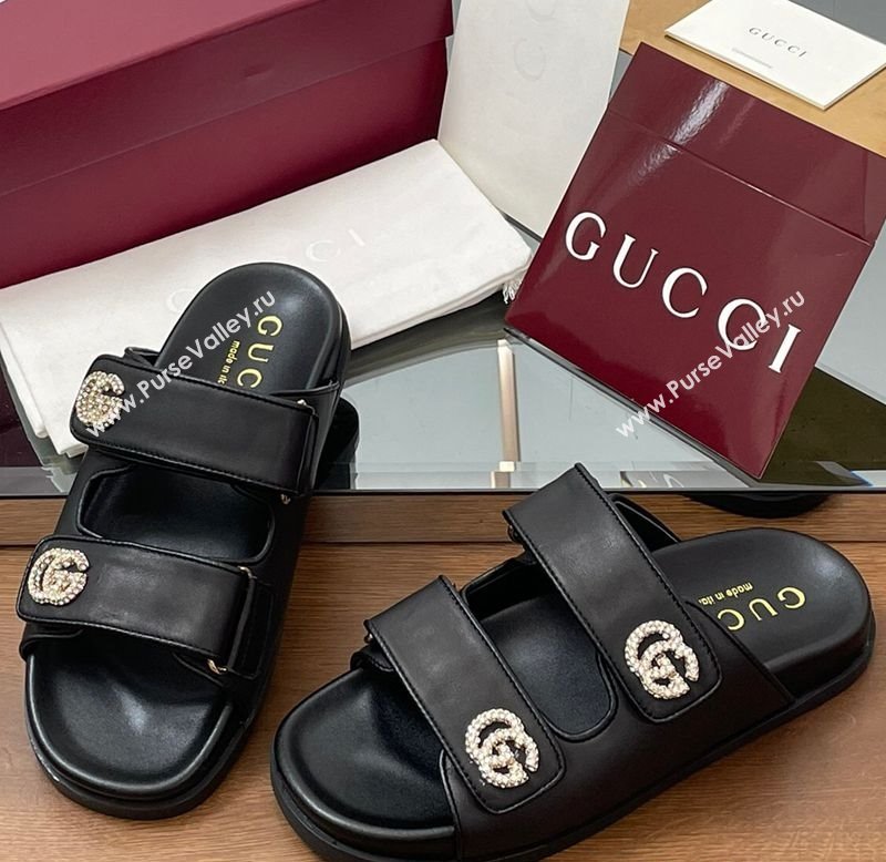 Gucci Leather Flat Slides Sandal with Strass Double G Black 2025 ‎816633 (MD-250423068)