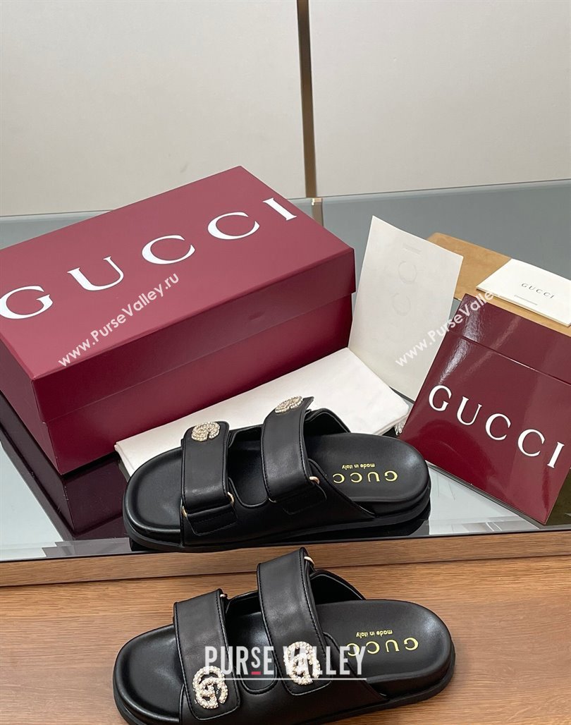 Gucci Leather Flat Slides Sandal with Strass Double G Black 2025 ‎816633 (MD-250423068)