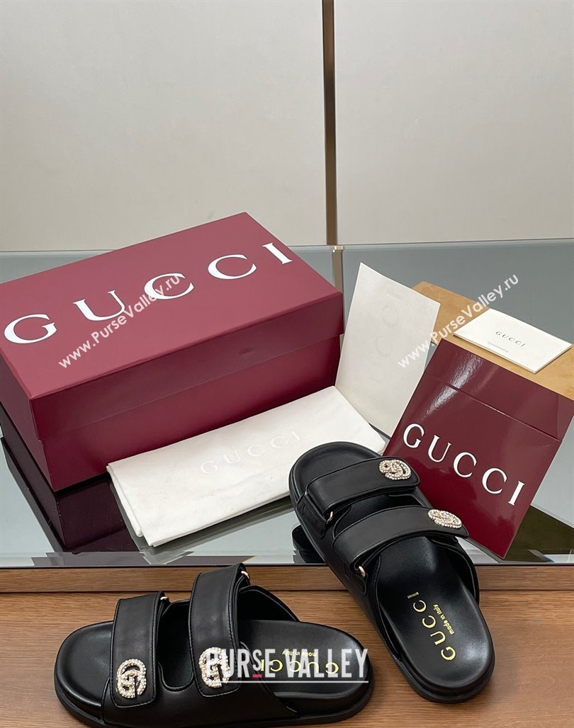 Gucci Leather Flat Slides Sandal with Strass Double G Black 2025 ‎816633 (MD-250423068)