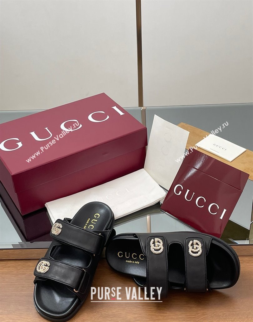 Gucci Leather Flat Slides Sandal with Strass Double G Black 2025 ‎816633 (MD-250423068)