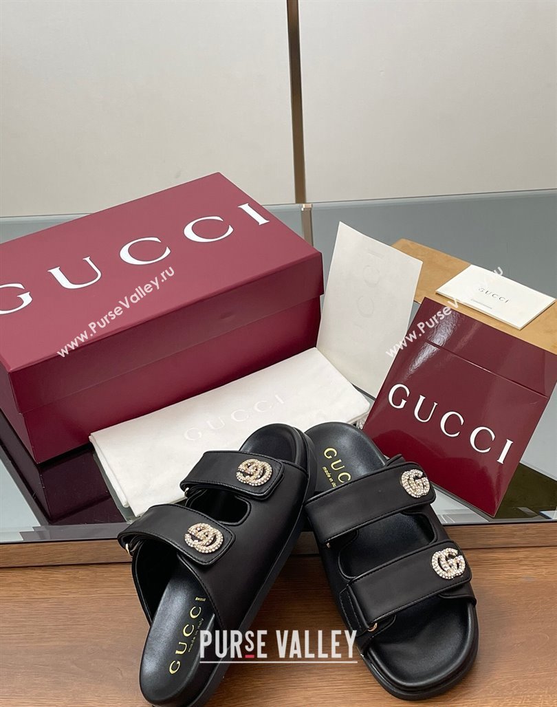 Gucci Leather Flat Slides Sandal with Strass Double G Black 2025 ‎816633 (MD-250423068)