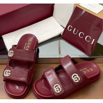 Gucci Leather Flat Slides Sandal with Strass Double G Burgundy 2025 ‎816633 (MD-250423069)