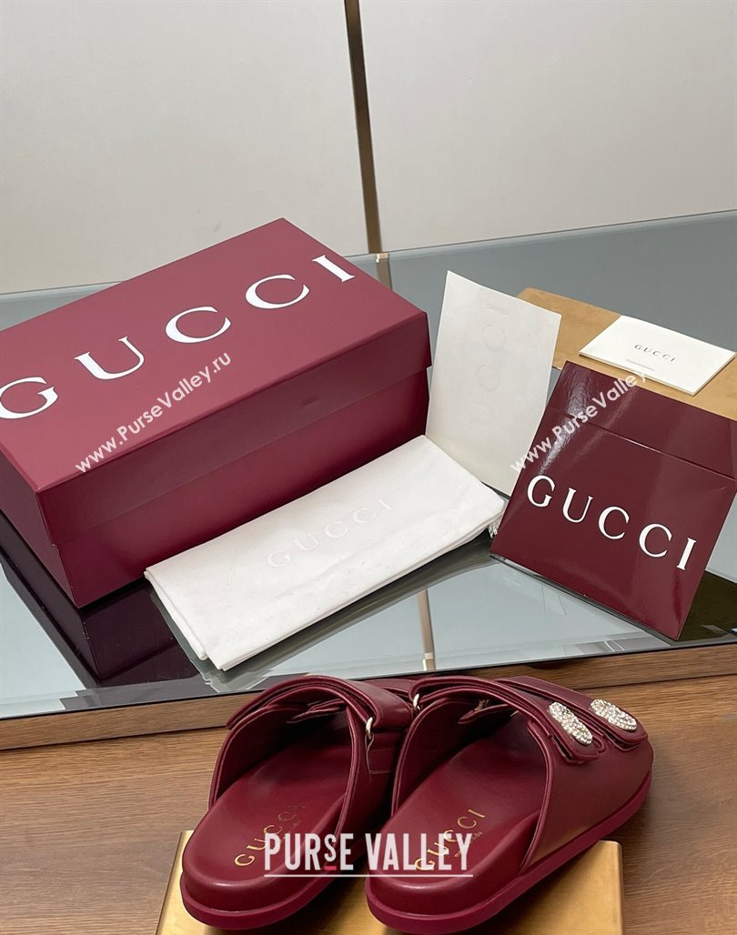 Gucci Leather Flat Slides Sandal with Strass Double G Burgundy 2025 ‎816633 (MD-250423069)