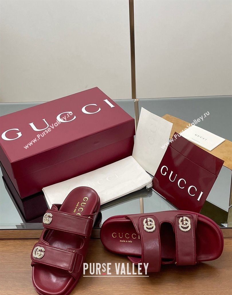 Gucci Leather Flat Slides Sandal with Strass Double G Burgundy 2025 ‎816633 (MD-250423069)