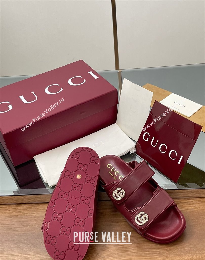 Gucci Leather Flat Slides Sandal with Strass Double G Burgundy 2025 ‎816633 (MD-250423069)