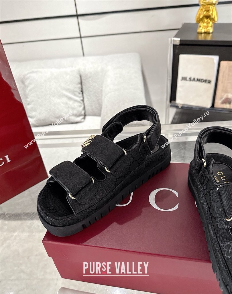 Gucci GG Canvas Strap Sandals with Double G Black 2025 ‎816630 (MD-250423102)