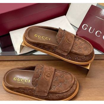 Gucci GG Suede Flat Mules with Double G Dark Brown 2025 ‎817468 (MD-250423104)