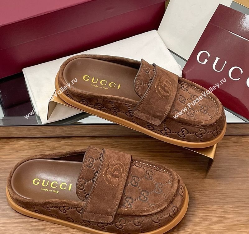 Gucci GG Suede Flat Mules with Double G Dark Brown 2025 ‎817468 (MD-250423104)