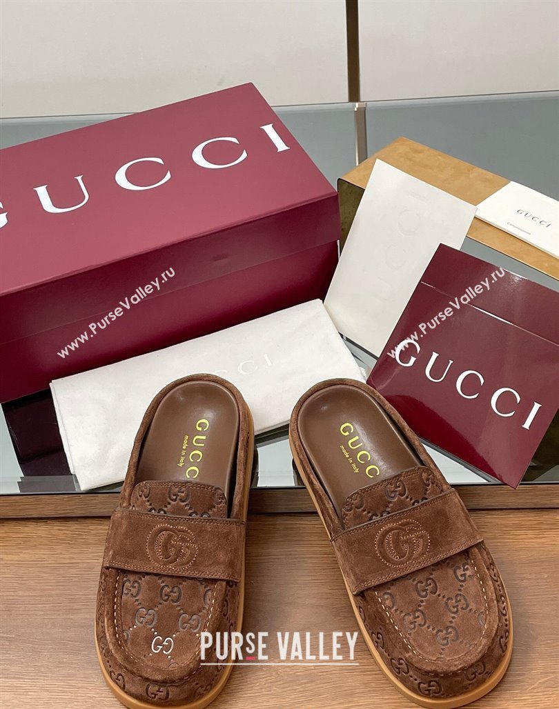 Gucci GG Suede Flat Mules with Double G Dark Brown 2025 ‎817468 (MD-250423104)