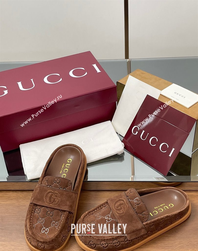 Gucci GG Suede Flat Mules with Double G Dark Brown 2025 ‎817468 (MD-250423104)
