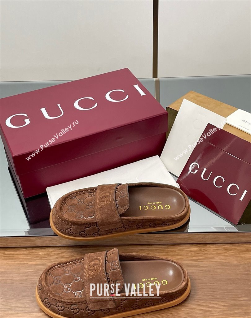Gucci GG Suede Flat Mules with Double G Dark Brown 2025 ‎817468 (MD-250423104)
