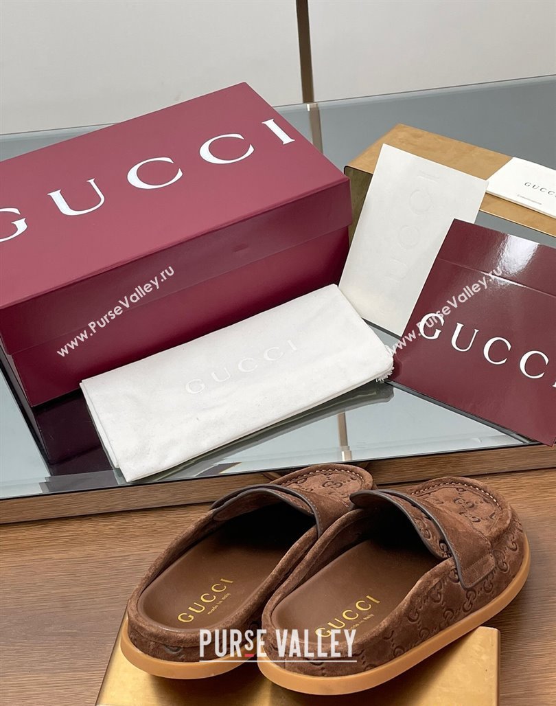 Gucci GG Suede Flat Mules with Double G Dark Brown 2025 ‎817468 (MD-250423104)