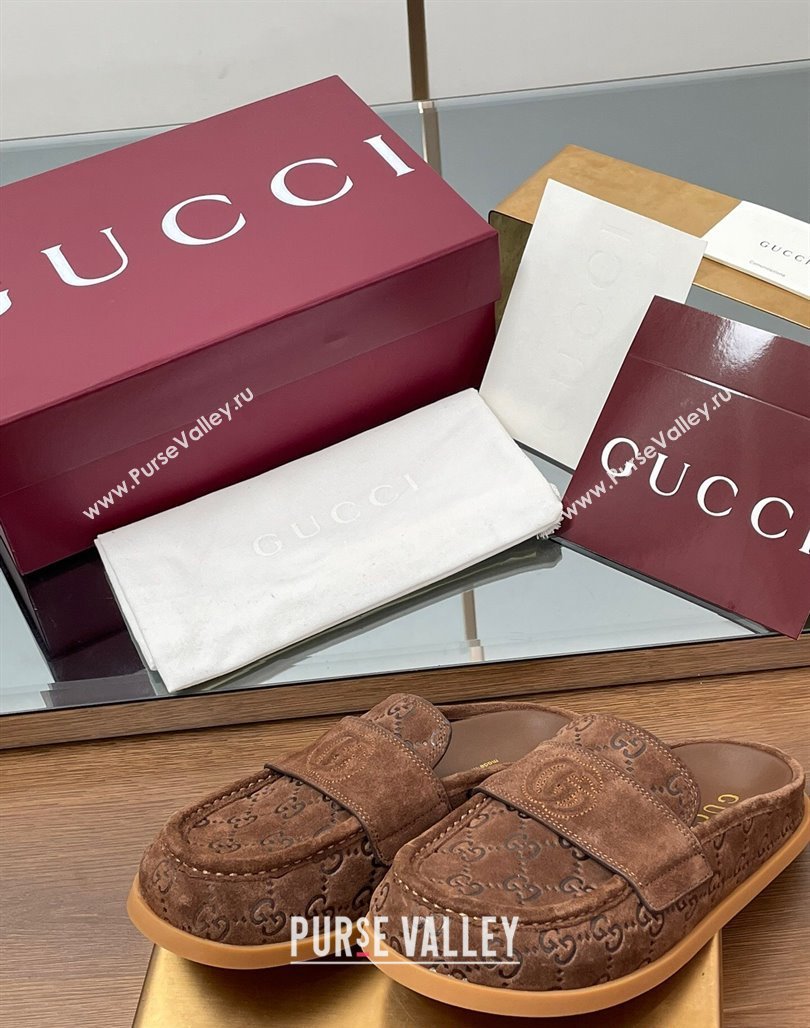 Gucci GG Suede Flat Mules with Double G Dark Brown 2025 ‎817468 (MD-250423104)