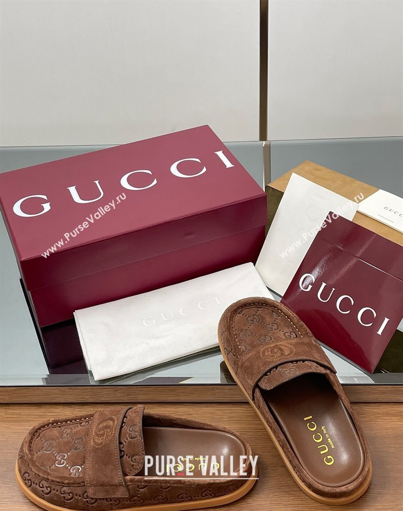 Gucci GG Suede Flat Mules with Double G Dark Brown 2025 ‎817468 (MD-250423104)