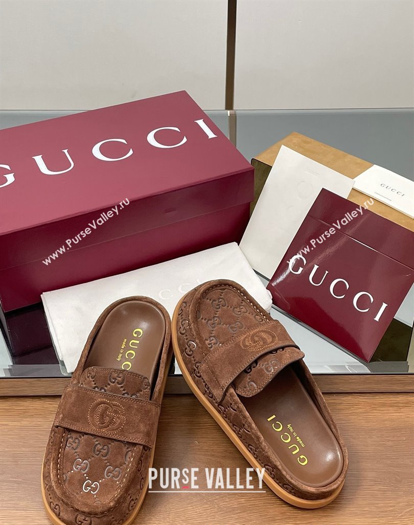 Gucci GG Suede Flat Mules with Double G Dark Brown 2025 ‎817468 (MD-250423104)