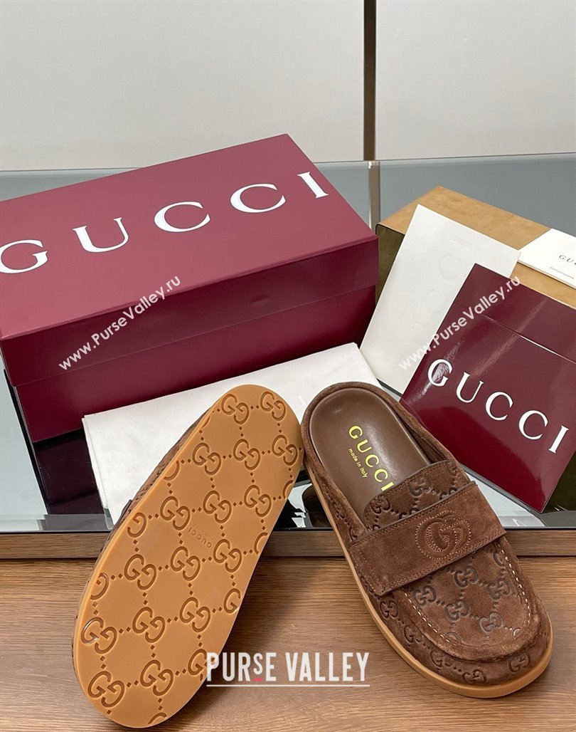 Gucci GG Suede Flat Mules with Double G Dark Brown 2025 ‎817468 (MD-250423104)