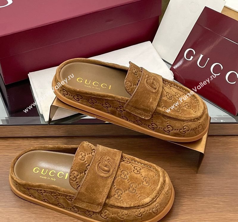 Gucci GG Suede Flat Mules with Double G Light Brown 2025 ‎817468 (MD-250423105)