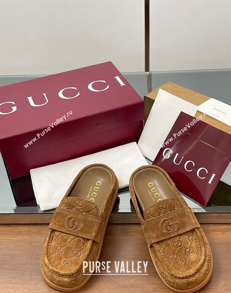 Gucci GG Suede Flat Mules with Double G Light Brown 2025 ‎817468 (MD-250423105)