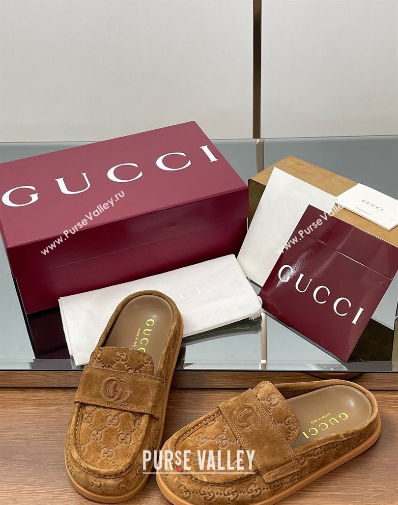 Gucci GG Suede Flat Mules with Double G Light Brown 2025 ‎817468 (MD-250423105)