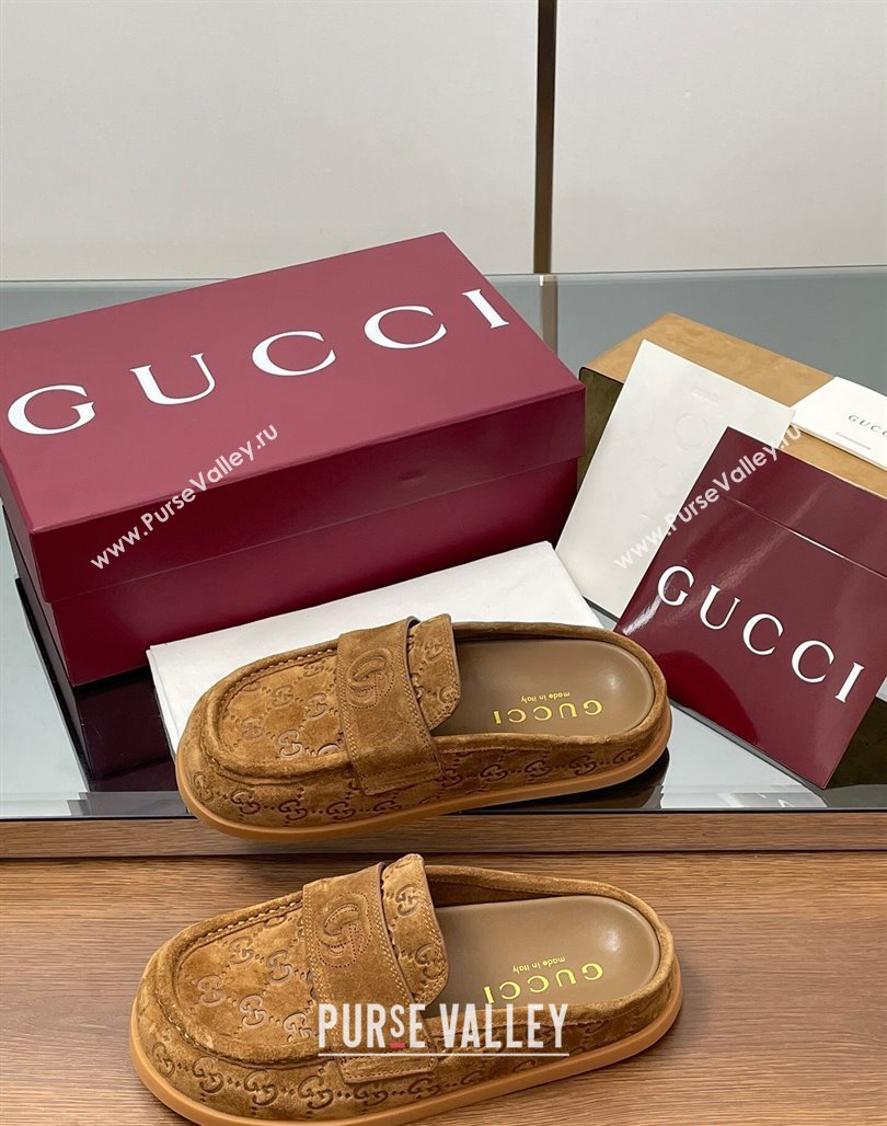Gucci GG Suede Flat Mules with Double G Light Brown 2025 ‎817468 (MD-250423105)