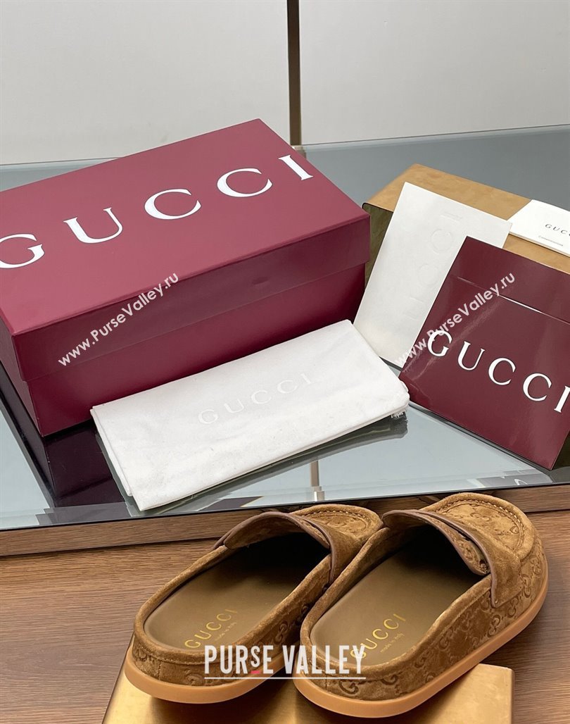 Gucci GG Suede Flat Mules with Double G Light Brown 2025 ‎817468 (MD-250423105)