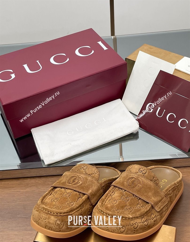 Gucci GG Suede Flat Mules with Double G Light Brown 2025 ‎817468 (MD-250423105)