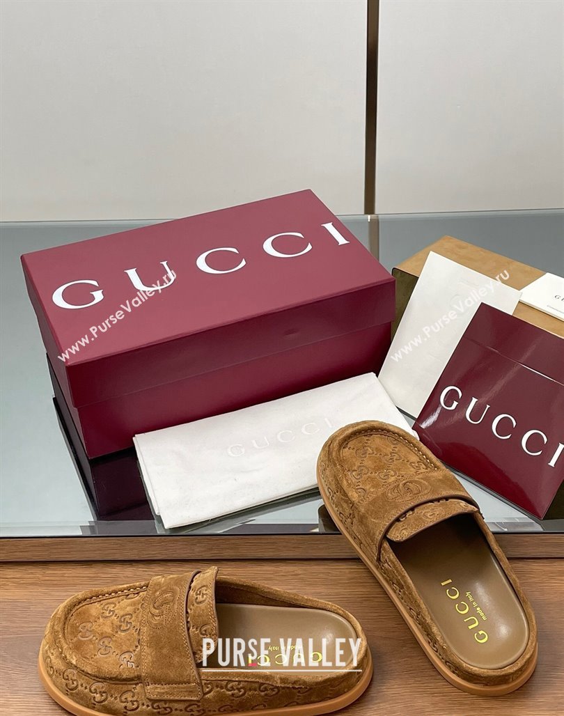 Gucci GG Suede Flat Mules with Double G Light Brown 2025 ‎817468 (MD-250423105)