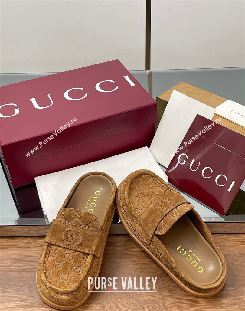 Gucci GG Suede Flat Mules with Double G Light Brown 2025 ‎817468 (MD-250423105)