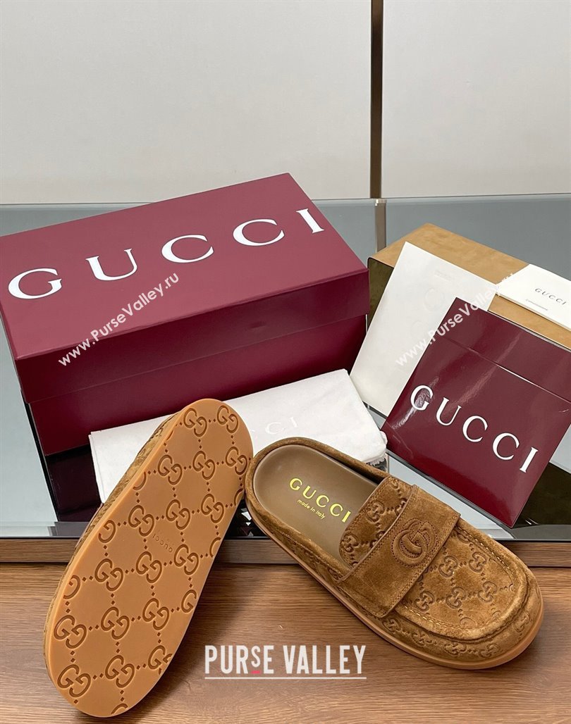 Gucci GG Suede Flat Mules with Double G Light Brown 2025 ‎817468 (MD-250423105)