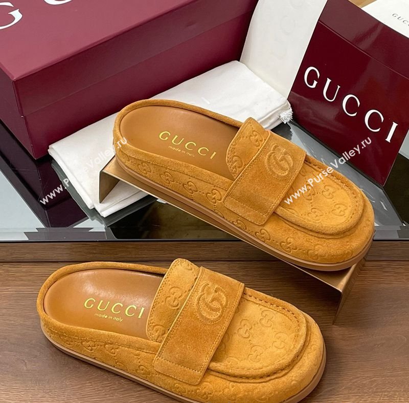 Gucci GG Suede Flat Mules with Double G Yellow 2025 ‎817468 (MD-250423107)