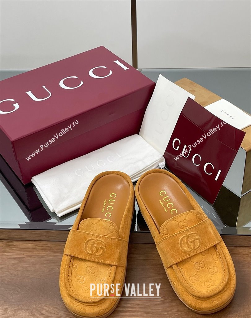 Gucci GG Suede Flat Mules with Double G Yellow 2025 ‎817468 (MD-250423107)