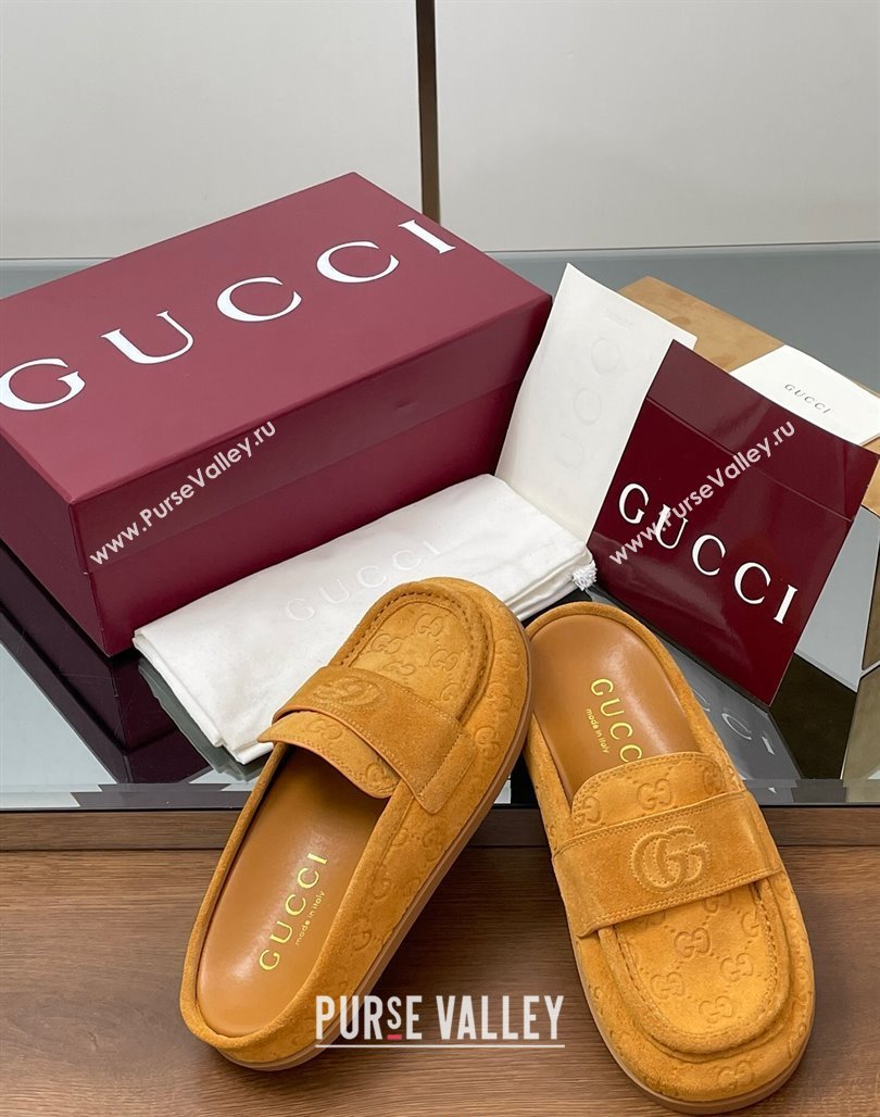 Gucci GG Suede Flat Mules with Double G Yellow 2025 ‎817468 (MD-250423107)