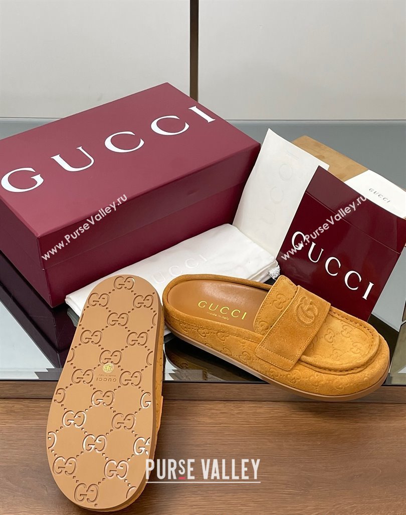 Gucci GG Suede Flat Mules with Double G Yellow 2025 ‎817468 (MD-250423107)