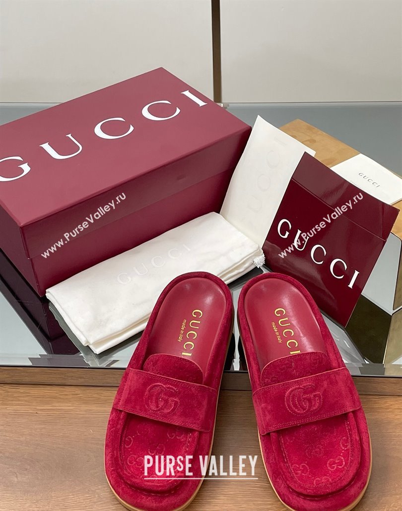 Gucci GG Suede Flat Mules with Double G Red 2025 ‎817468 (MD-250423108)