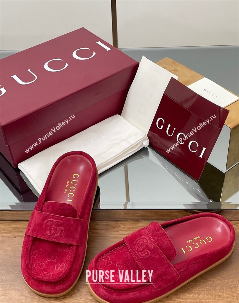 Gucci GG Suede Flat Mules with Double G Red 2025 ‎817468 (MD-250423108)