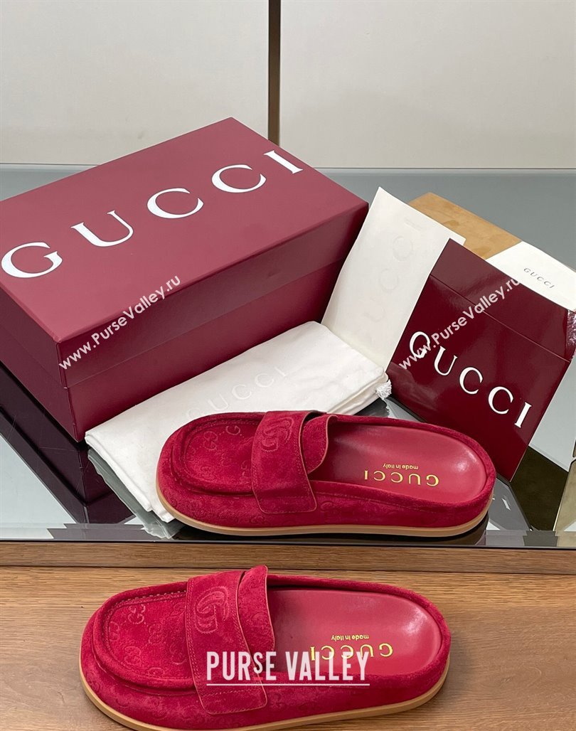 Gucci GG Suede Flat Mules with Double G Red 2025 ‎817468 (MD-250423108)