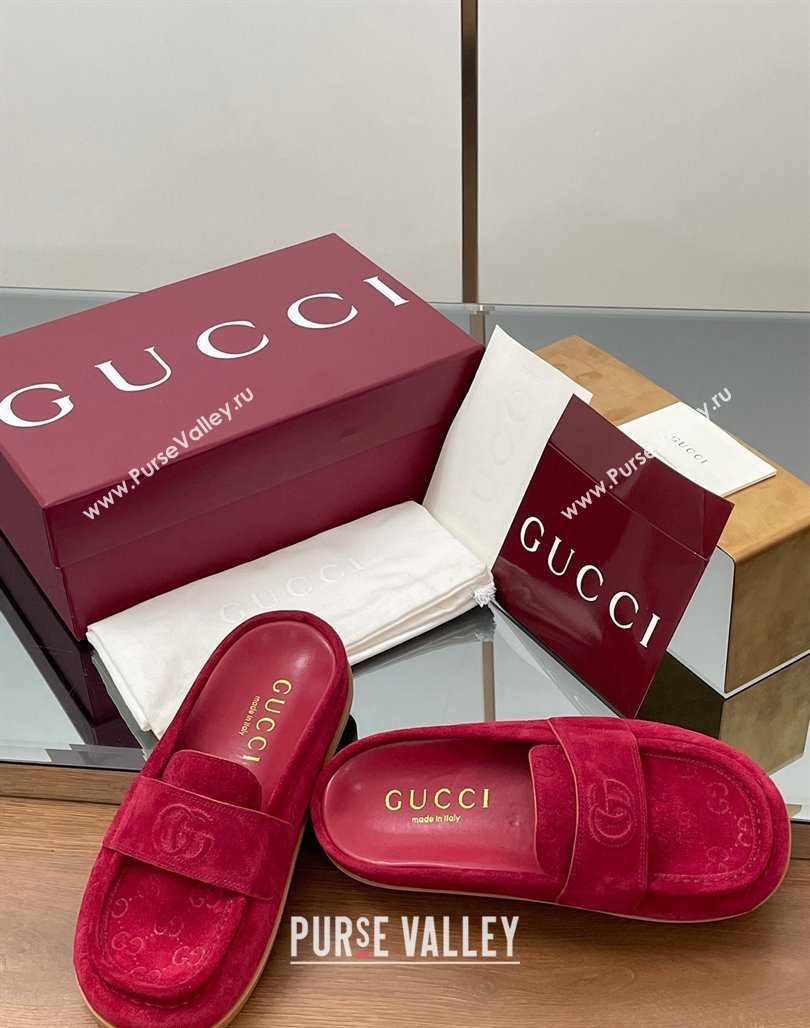 Gucci GG Suede Flat Mules with Double G Red 2025 ‎817468 (MD-250423108)