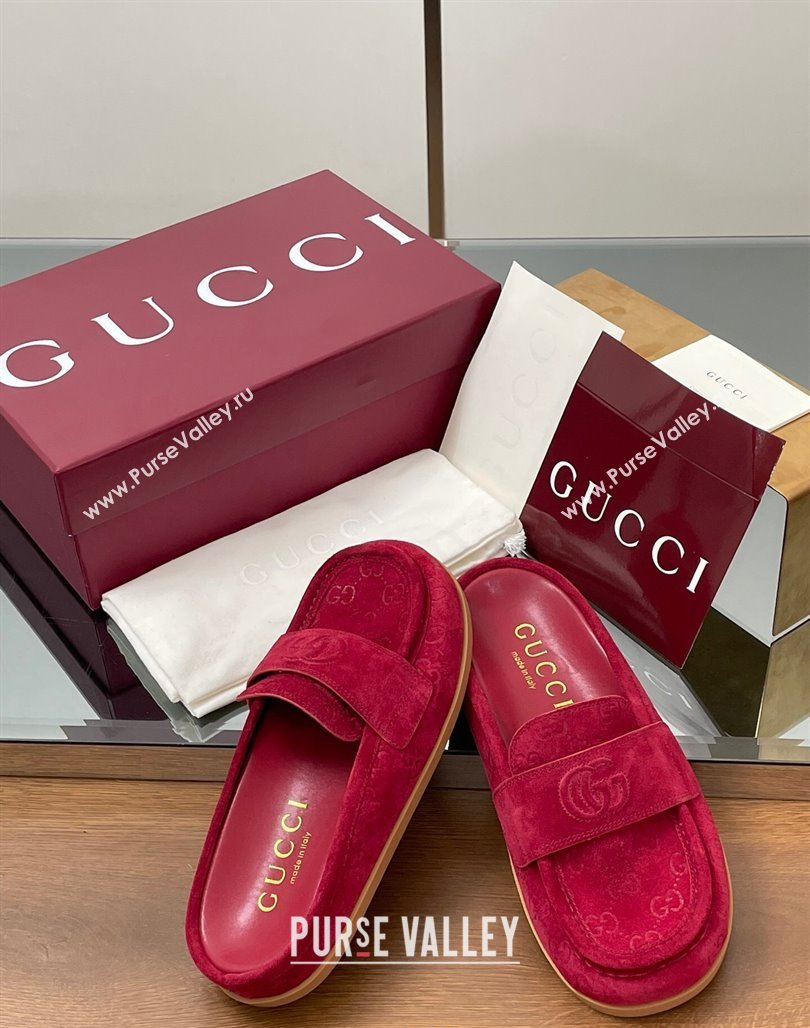 Gucci GG Suede Flat Mules with Double G Red 2025 ‎817468 (MD-250423108)