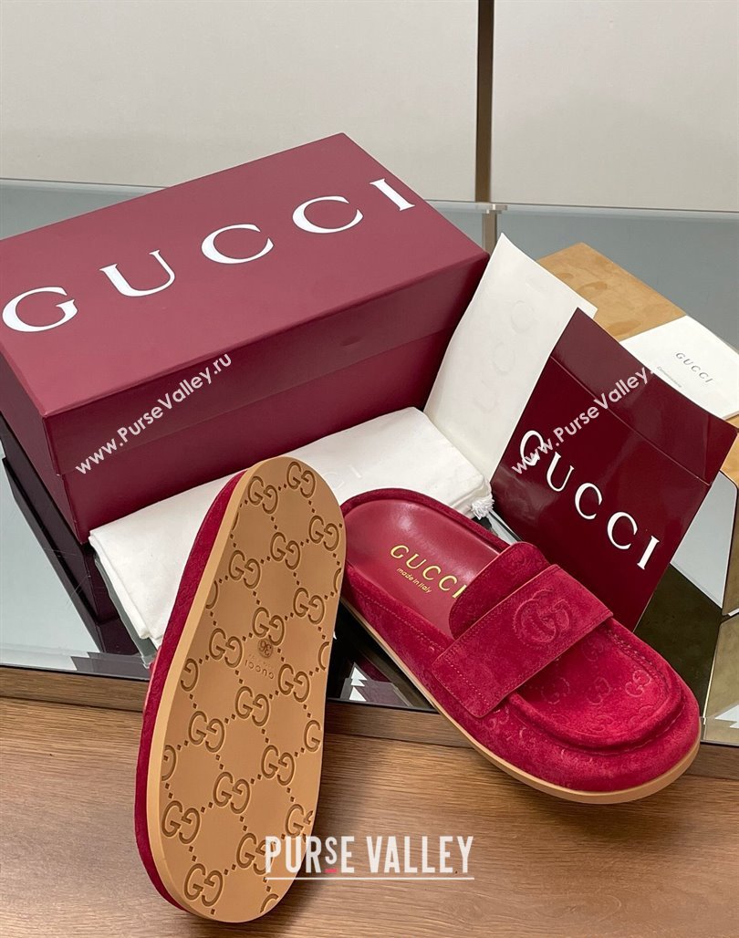 Gucci GG Suede Flat Mules with Double G Red 2025 ‎817468 (MD-250423108)