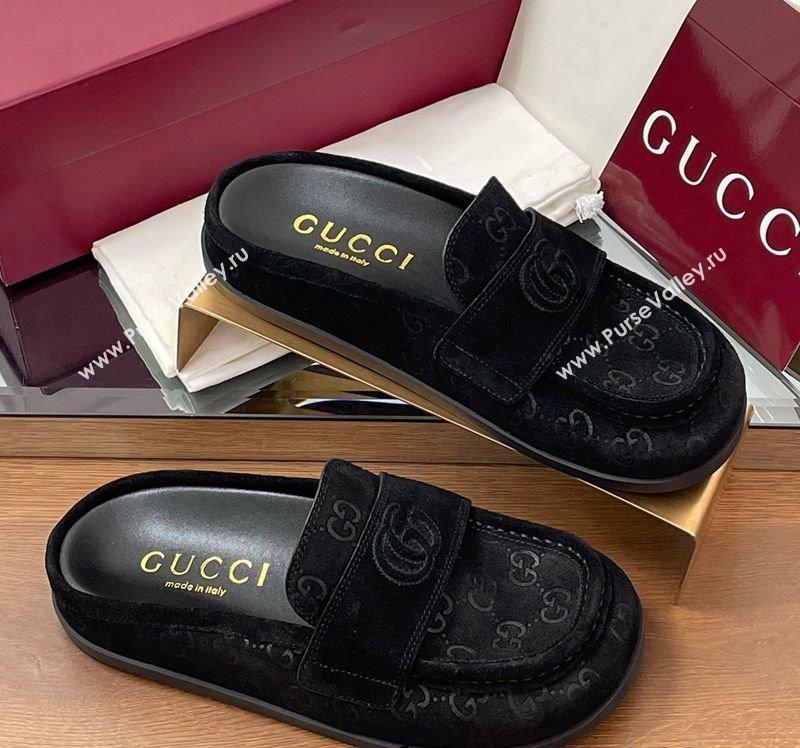 Gucci GG Suede Flat Mules with Double G Black 2025 ‎817468 (MD-250423109)