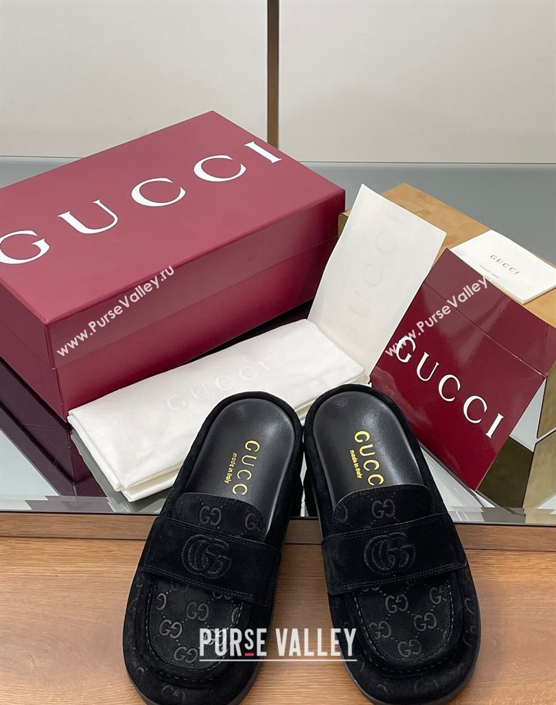 Gucci GG Suede Flat Mules with Double G Black 2025 ‎817468 (MD-250423109)