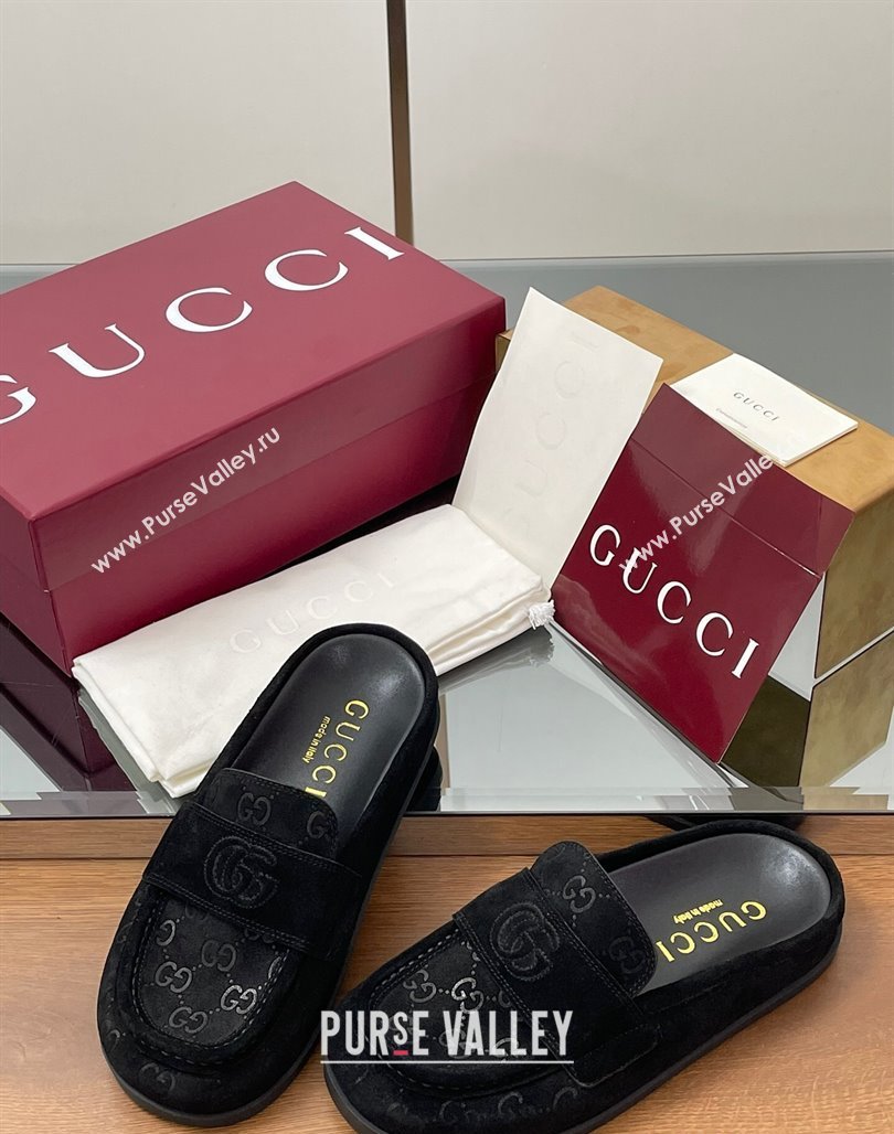 Gucci GG Suede Flat Mules with Double G Black 2025 ‎817468 (MD-250423109)