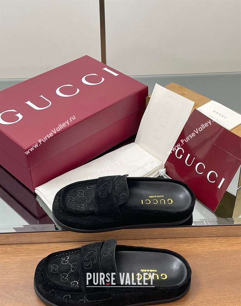 Gucci GG Suede Flat Mules with Double G Black 2025 ‎817468 (MD-250423109)