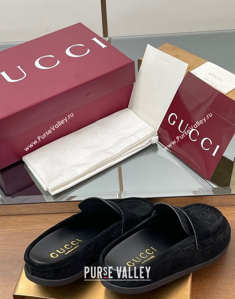 Gucci GG Suede Flat Mules with Double G Black 2025 ‎817468 (MD-250423109)