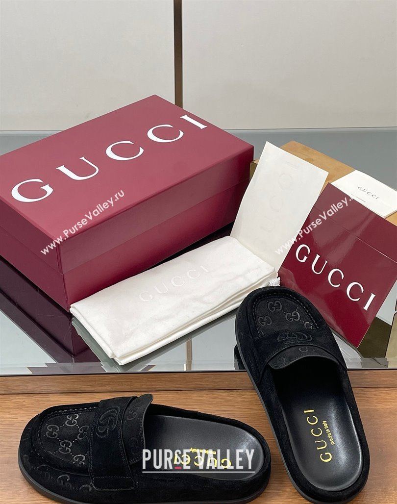 Gucci GG Suede Flat Mules with Double G Black 2025 ‎817468 (MD-250423109)