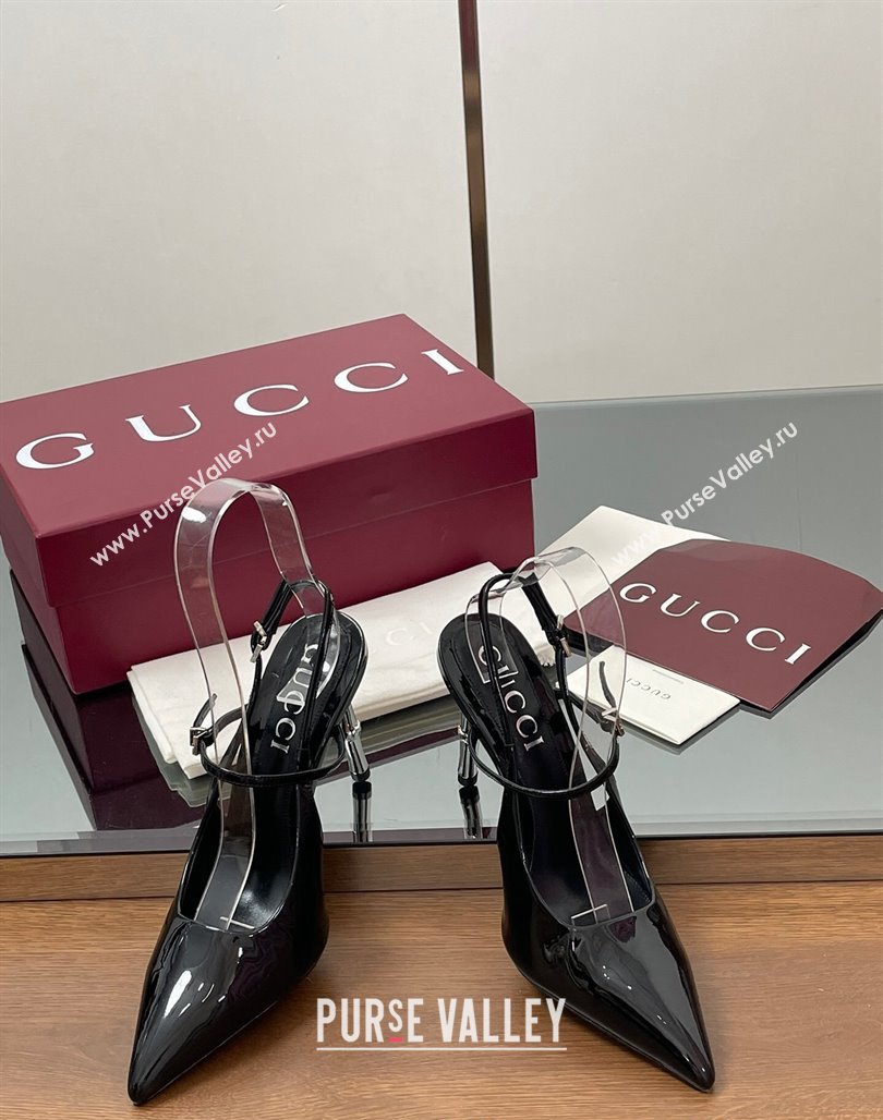 Gucci Patent Leather Slingback Pump 9.5cm with Bamboo-Effect Heel Black 2025 812998 (MD-250423005)