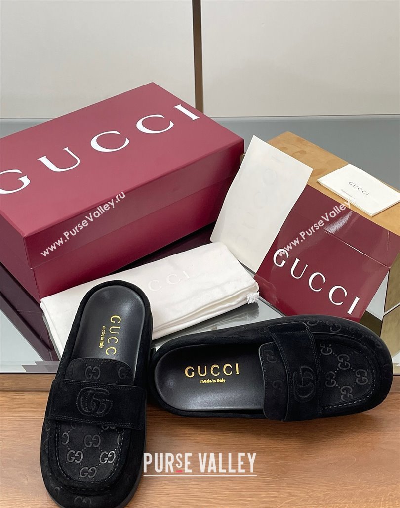 Gucci GG Suede Flat Mules with Double G Black 2025 ‎817468 (MD-250423109)